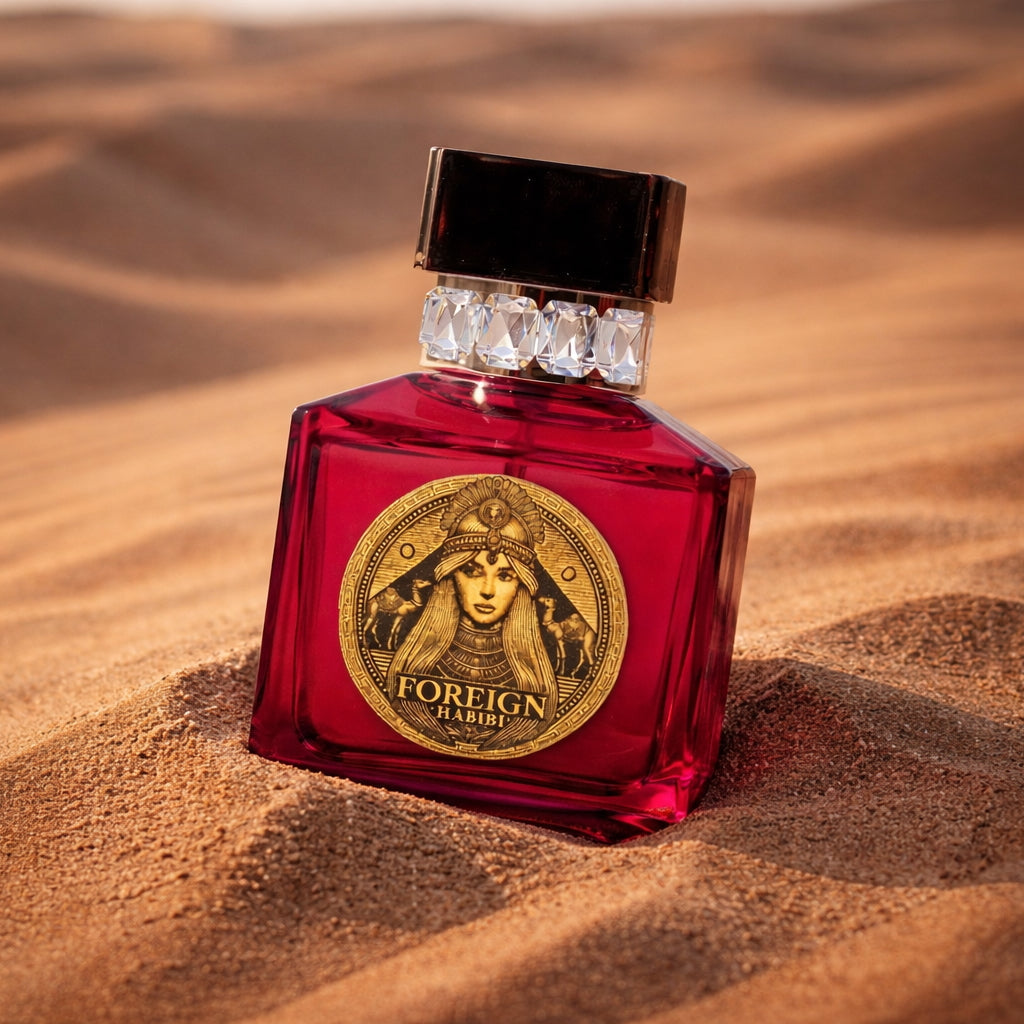 Foreign Habibi Malikat Al-Raghba perfume bottle resting in desert sand, styled with jewel-cut cap and gold medallion label.